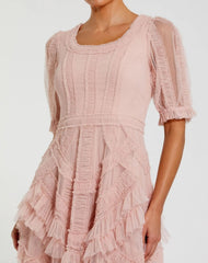 Pink Short Sleeve Micro Ruffle Midi Dress