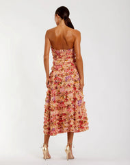 Pink Floral Strapless Ruffle Midi Dress