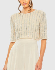 Beige Chiffon Gown w/ Fully Beaded 3/4 Sleeve Top