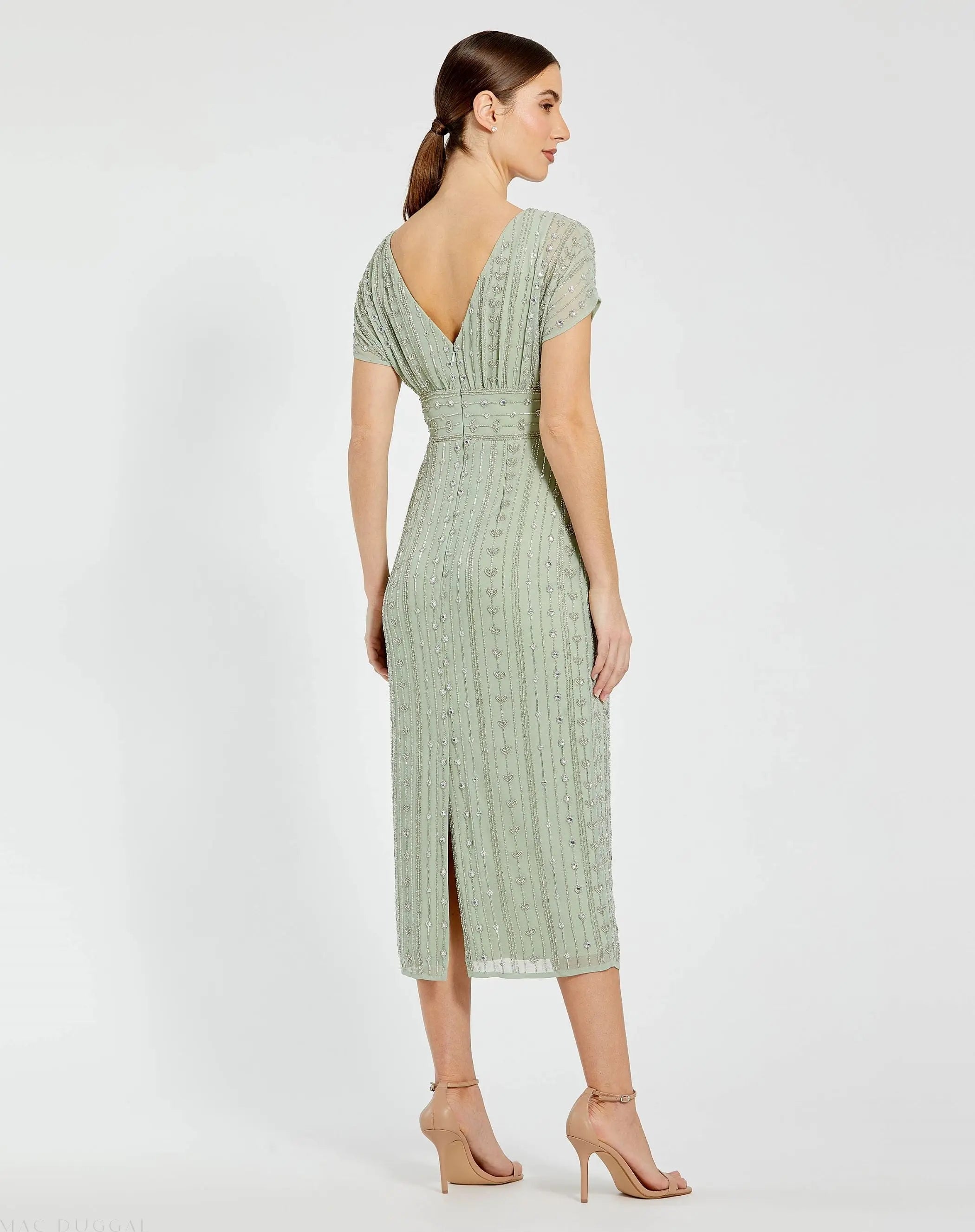Green Beaded Cap Sleeve Empire Waist Sheath Midi Dress