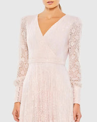 Pink Beaded Lace Long Sleeve Wrap Over Gown - FINAL SALE