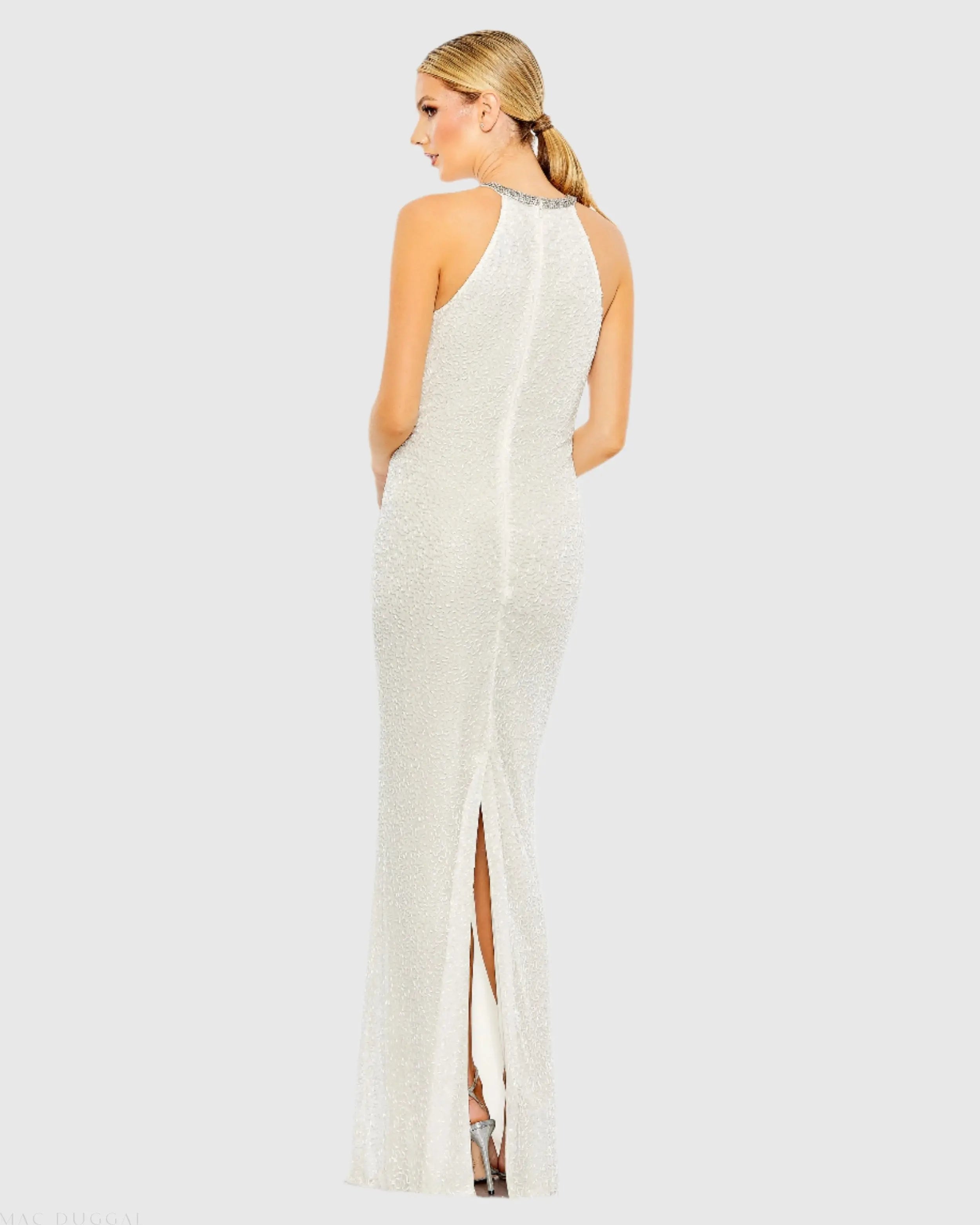 White Beaded Sleeveless High Neck Column Gown