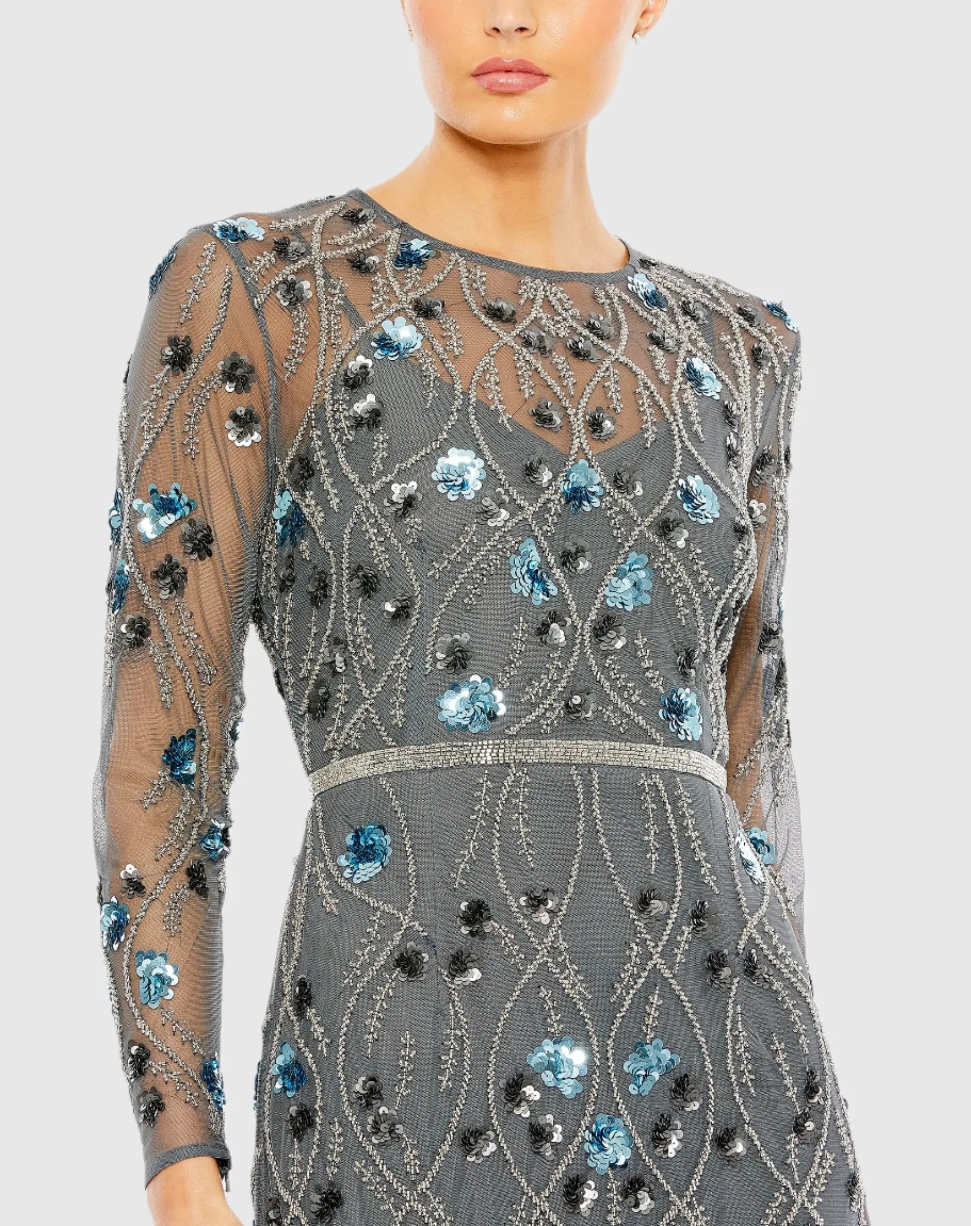 Gray Floral Embellished Long Sleeve Gown