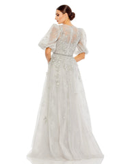 Gray Embellished Puff Sleeve A Line Gown