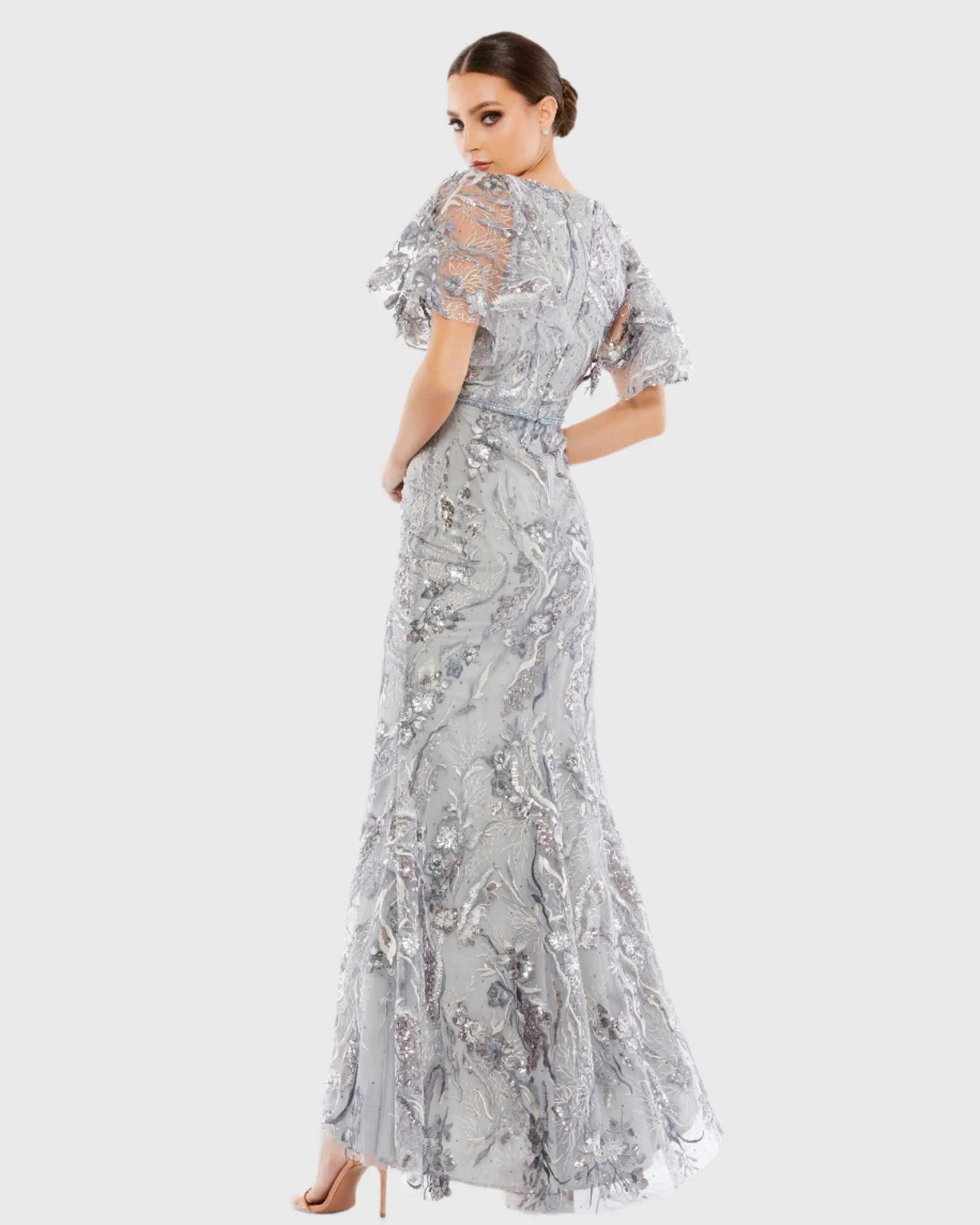 Gray Embellished V Neck Butterfly Sleeve Trumpet Gown