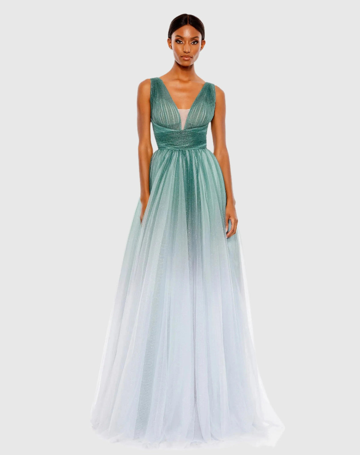 Green Glitter Ombre V Neck Sleeveless Gown