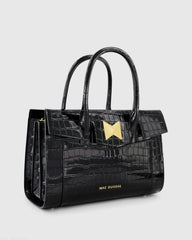 Black Crocodile Leather Tote Bag With Gold Hardware