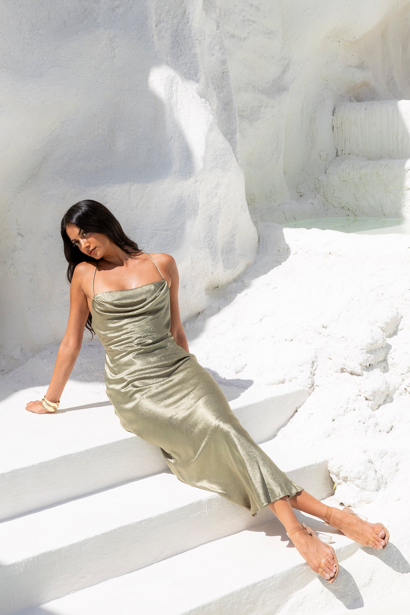 NYC Nightlife Satin Maxi Dress Khaki