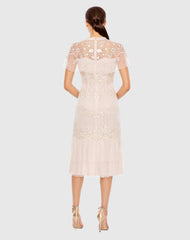 Pink High Neck Mesh Tier Embroidered Dress