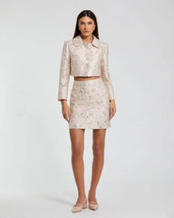 Pink Pearl Button Brocade Cropped Jacket
