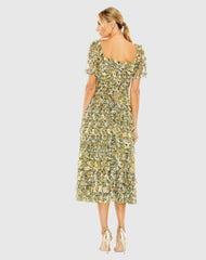 Multicolor Short Sleeve Micro Ruffle Tea Length Dress